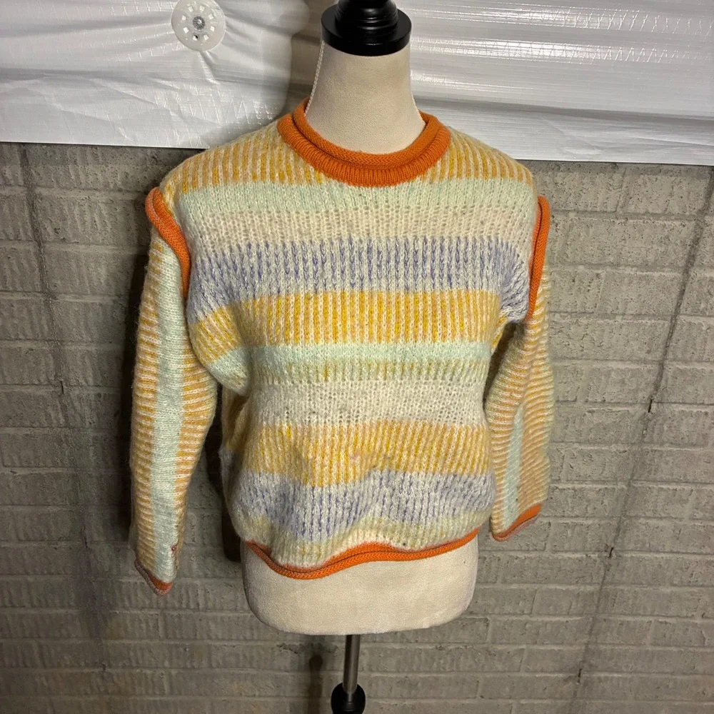 Urban Outfitters Womens Striped Knit Sweater Orange Yellow Blue XS Exposed Seam‎